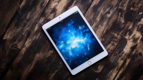White tablet on wood surface with blue galaxy screen.