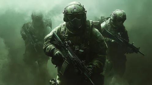 Ghost platoon strides through toxic emerald battlefield haze.