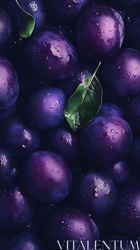 Moody close-up of dewy purple plums evokes rich freshness