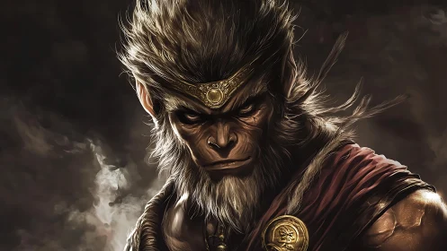 Storm-eyed monkey warrior wrapped in mythic twilight.