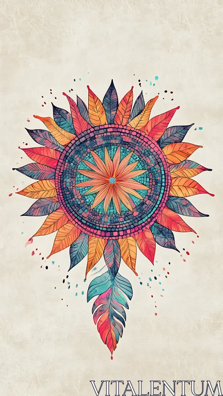 Vibrant mandala sunburst with mosaic petals and feathers.