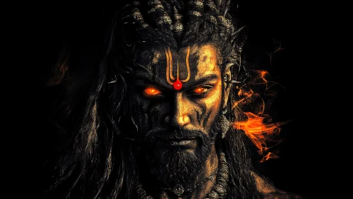 Fiery trident-marked warrior portrait with glowing ember eyes