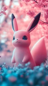 Pink rabbit-like creature in stylized cherry blossom grove.