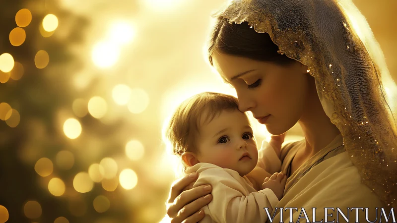Golden hush of mother and child in candlelit embrace.