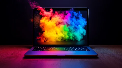 Exploding rainbow cloud erupts from luminous laptop screen.