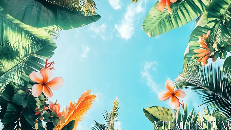 Symmetrical tropical foliage frames cyan sky with stylized depth