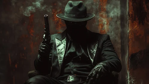 Noir gunman in fedora seated in smoke-filled industrial alley