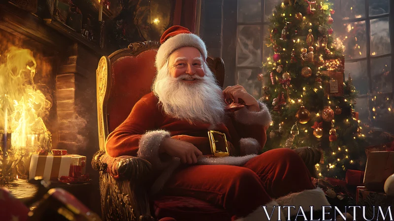 Santa rests by glowing fireplace near festive Christmas tree