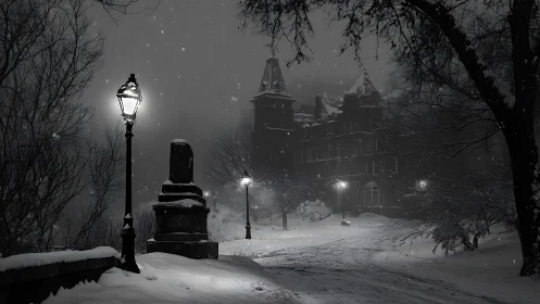 Snow-covered park path with lamps and distant building at night.