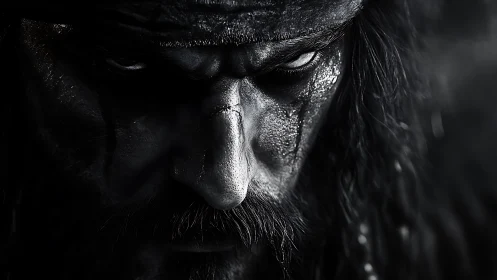 Close black and white portrait of intense bearded warrior.