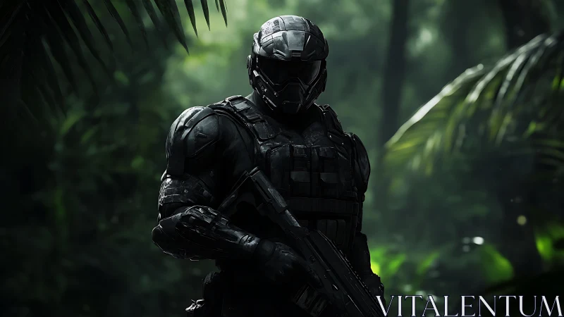 Armored soldier stands in dense jungle environment holding rifle