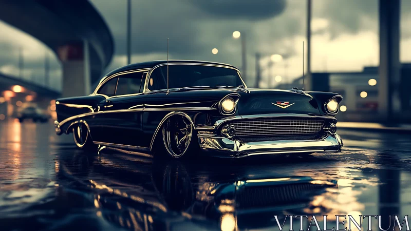 Classic black sedan under overpass on wet reflective street.