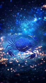 Star-filled crab silhouette floats in glowing blue bokeh field