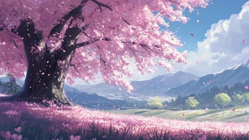 Blossoming cherry tree spreads soft pink light across hills