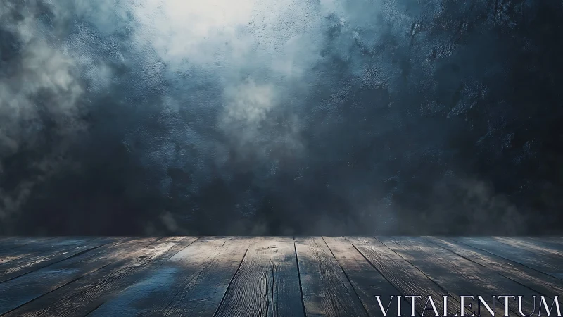 Moody wooden stage adrift in blue cinematic fog glow.