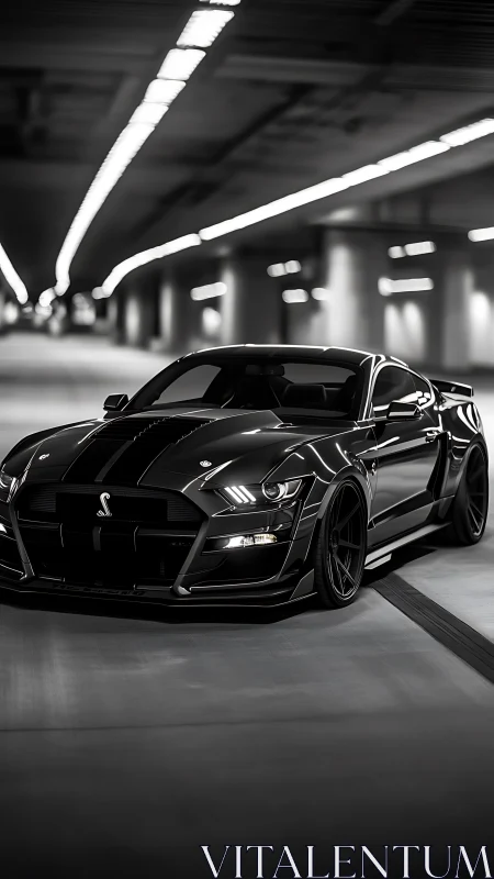 Midnight muscle car glowing under sleek tunnel lights.