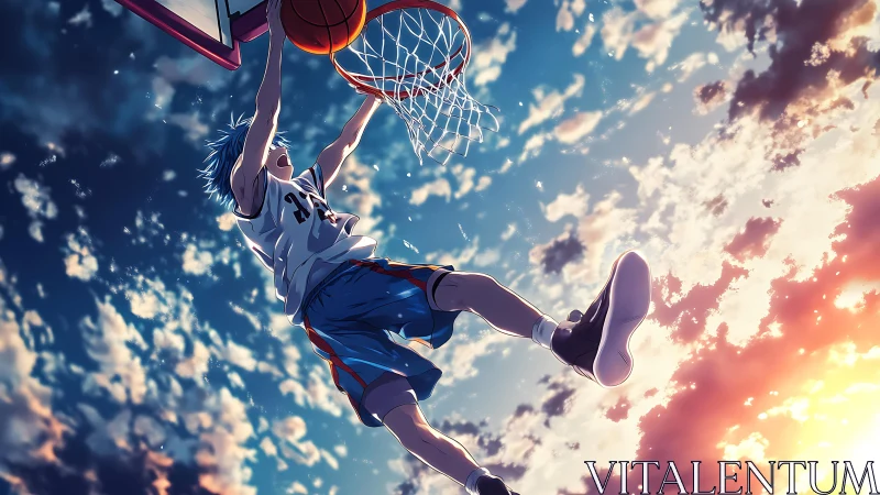 Skyline slam dunk ignites a sunset-soaked anime court.