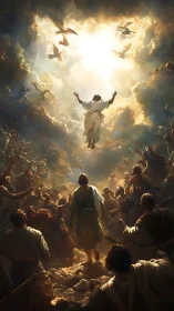Heavenly light and uplifted crowd in a radiant ascension scene.