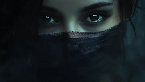 Veiled gaze framed by dark fabric in moody close-up portrait.