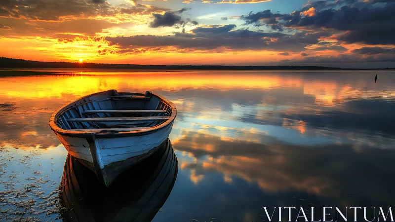 Solitary rowboat cradles the last embers of a molten sunset