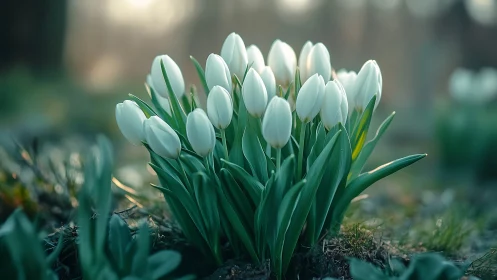 White Tulips Emerge Through Spring Garden Soil.