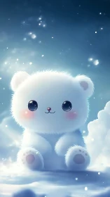 Snowy baby bear sharing a soft, starry night moment.