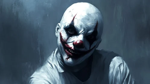 Sinister clown in moody blue light, unsettling yet magnetic.