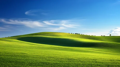 Rolling green hills extend under clear blue daytime sky