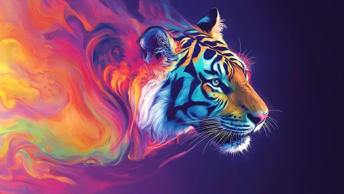 Neon-striped tiger emerges from swirling prismatic light.