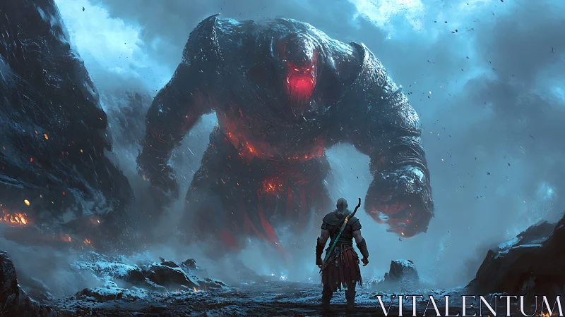 Warrior confronts towering lava colossus in frozen canyon.