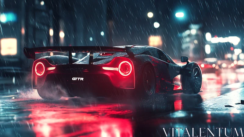 Futuristic GTR supercar on neon city street in rain.