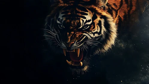 Snarling tiger lunges from darkness with glowing eyes and fangs.