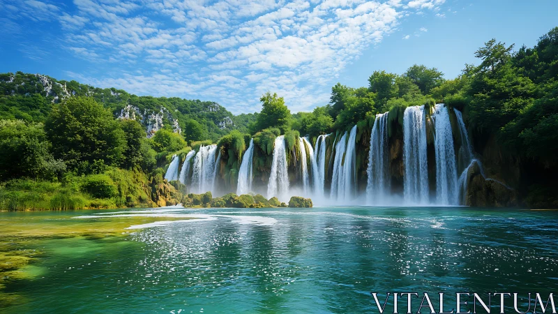 Wide cascading waterfall in lush green river valley landscape.