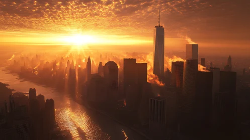 Golden sunrise floods a modern skyline with radiant light.