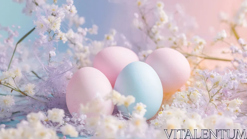 Soft pastel Easter eggs resting in dreamy spring blooms.