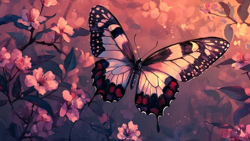 Twilight butterfly drifts through glowing blossoms in bloom.