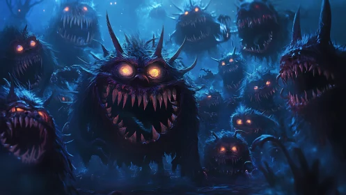 Nightmare horde of glowing eyed monsters in blue mist.
