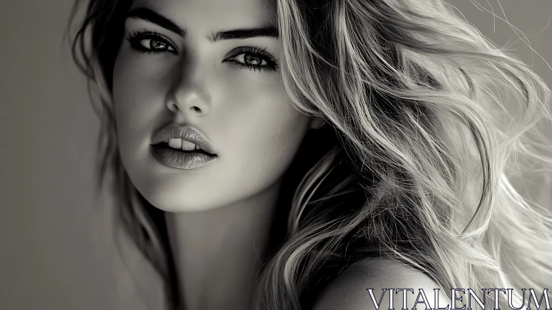 Softly lit portrait of a woman with windswept flowing hair.