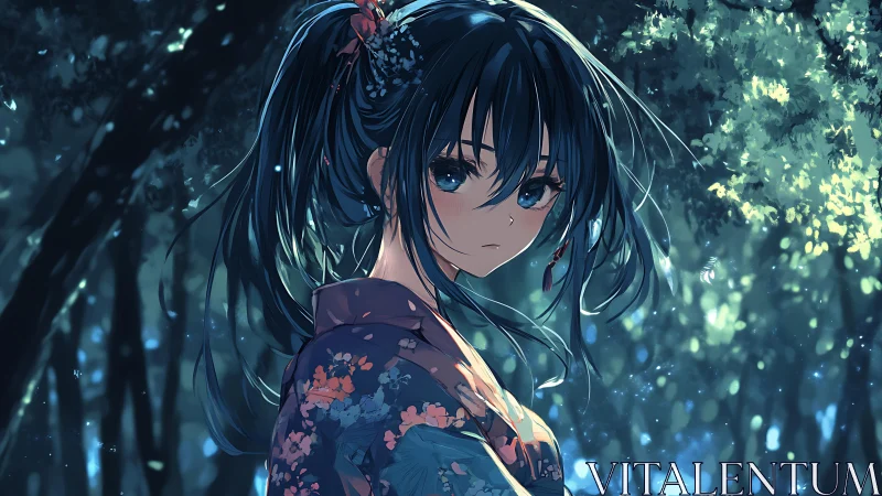 Girl in floral yukata stands under dappled forest light