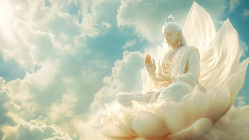 Serene celestial deity seated on radiant lotus above clouds