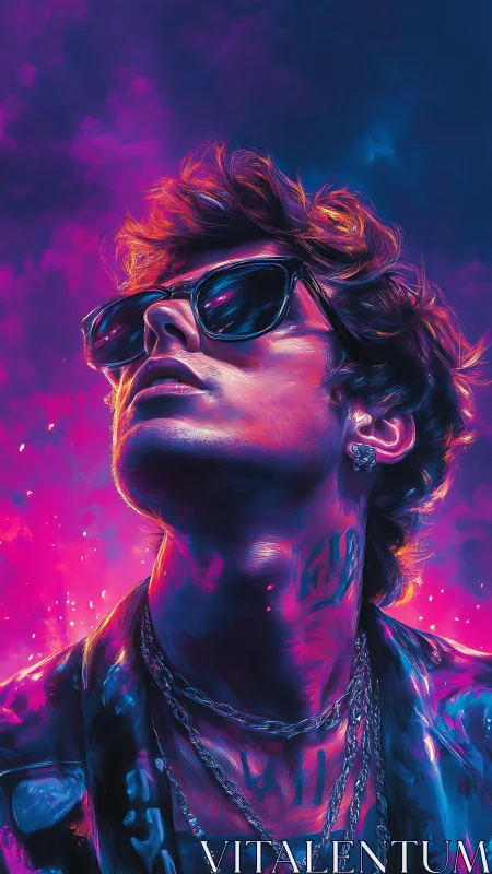 Stylized neon portrait of young man in sunglasses at night.