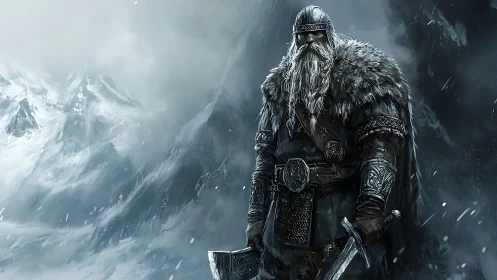 Armored warrior in fur standing in snowy mountain landscape.