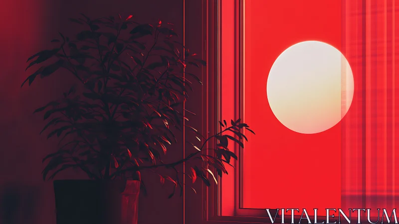 Potted plant silhouette aligns with circular sun through window