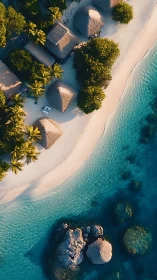 Aerial View of Coastal Resort with Thatched Bungalows