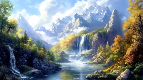 Sunlit mountain waterfalls in a dreamy forest valley.