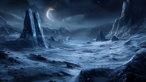Frozen exoplanet nightscape with crystalline spires and moon