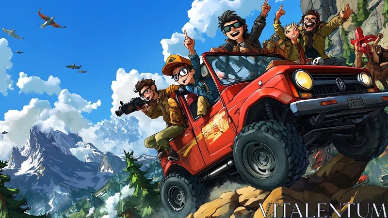 Off-road friends conquer alpine cliffs in red jeep