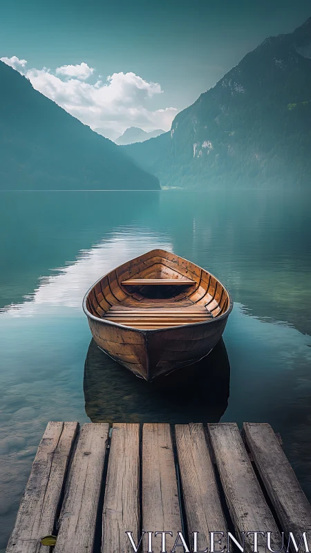 Wooden rowboat rests on calm mountain lake near pier