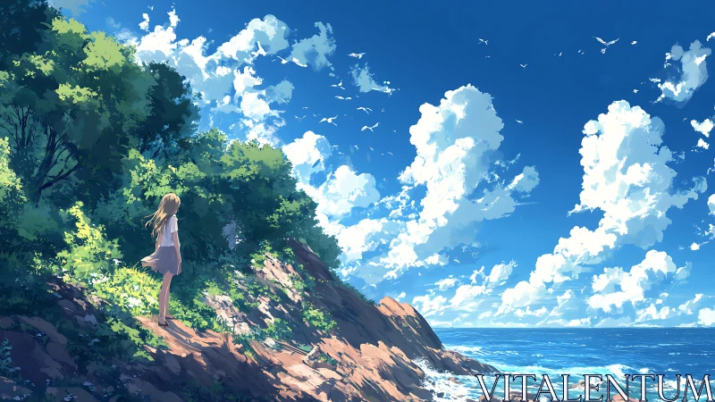 Girl overlooks sunlit coastal cliffs under vast sky.