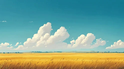 Sunlit wheat fields resting beneath slow-drifting clouds.